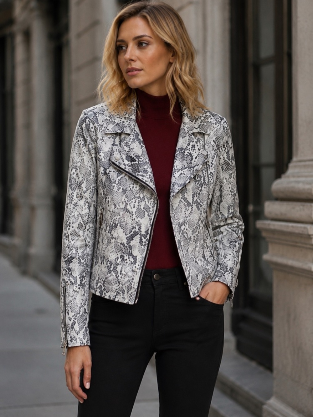 Sanctuary Grey Snakeskin Asym Zip Moto Jacket Cropped Biker M